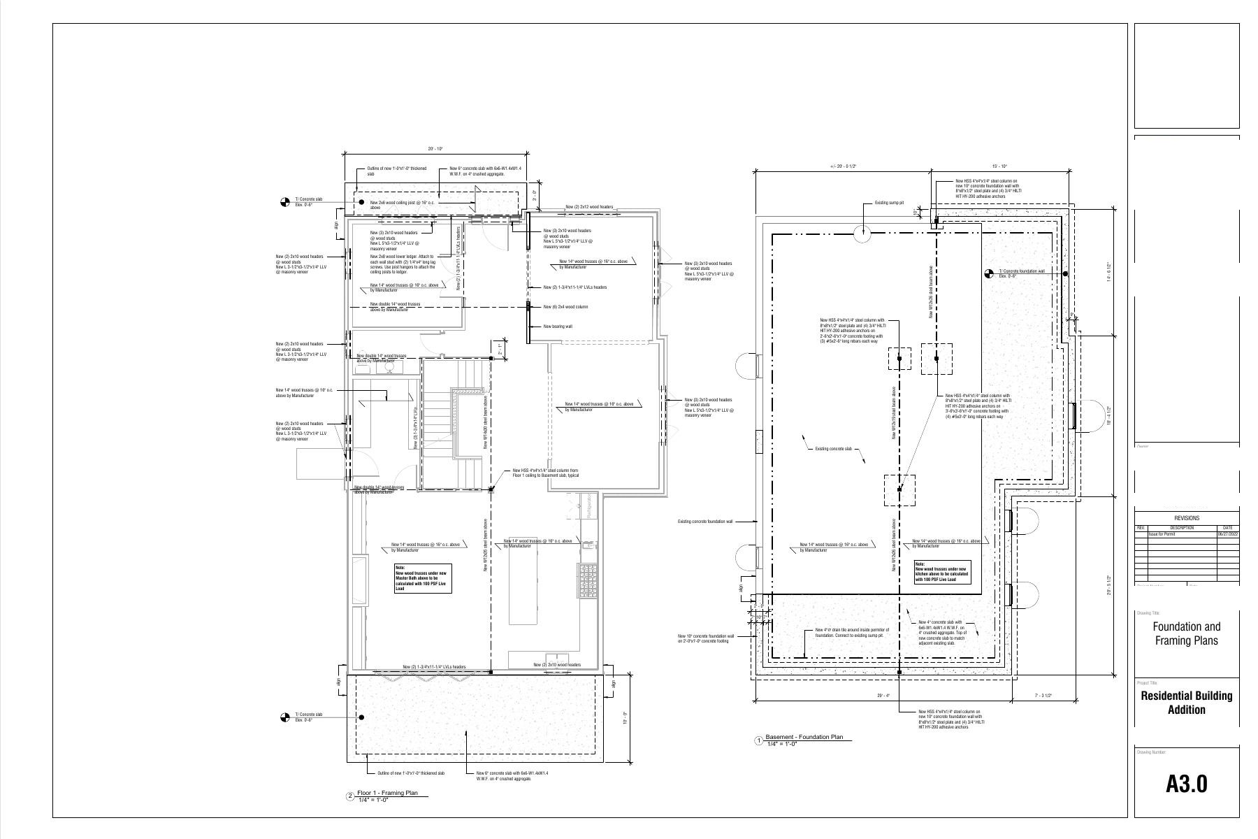 Actual A3.0 foundation and framing drawing for the Maple Street residential addition